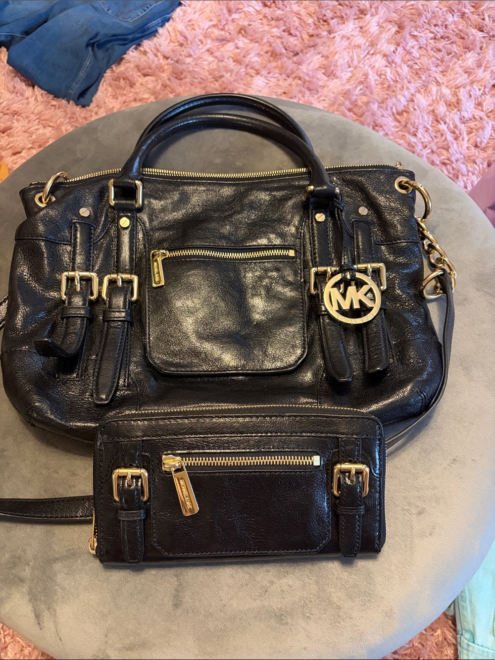 Michael Kors Black Leather Shoulder Bag with Matching Wallet